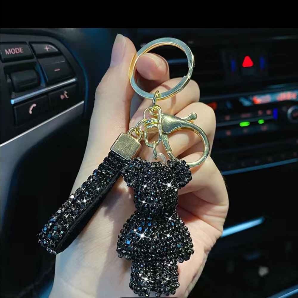 Artificial diamond black bear keychain or bag charm with wrist strap